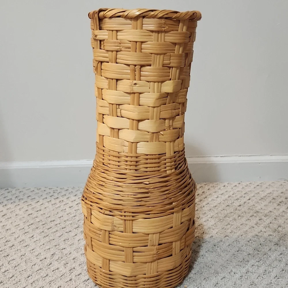 Tall Vintage Woven Wicker Basket Pitcher Vase With Handle - Natural Brown